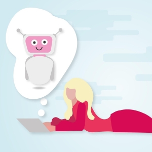 Woman using laptop while lying down, thought bubble with robot