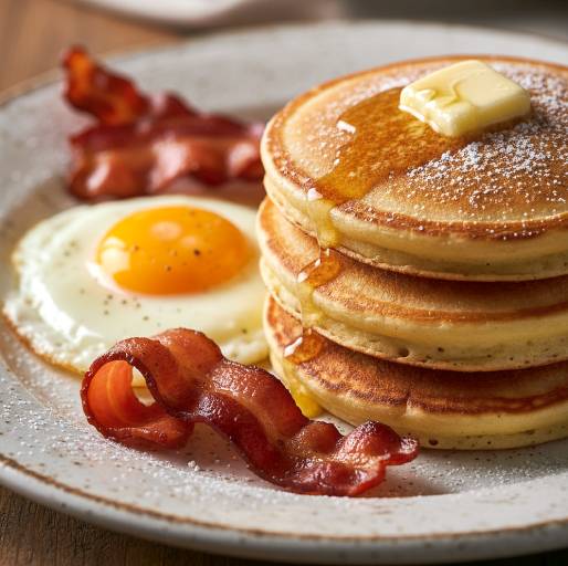 Breakfast with pancake and eggs